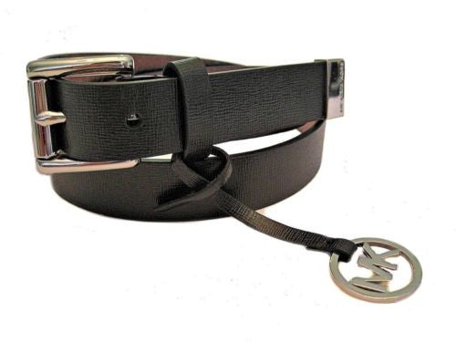 MICHAEL KORS Logo 1" Textured Faux Leather Belt Womens M Black Silver 551306 NWT