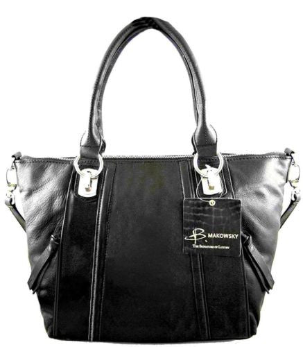 B. Makowsky Leather Pacy Shopper Tote Satchel Black-Silver Convertible Top Zip