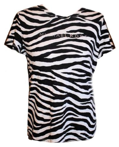 MICHAEL KORS Tee Shirt Animal Print Zebra Studded Logo Top All Sizes Black White