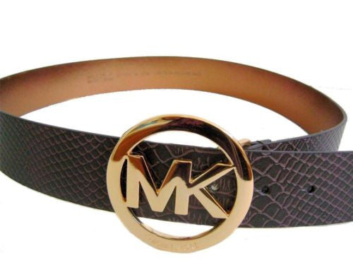 Michael Kors Croco Reptile MK Medallion Womens Belt Chocolate Brown 551009 S-M-L