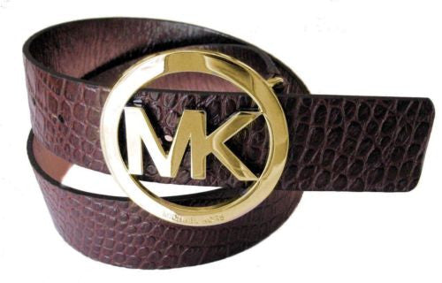 Michael Kors Croco Reptile MK Medallion Womens Belt Chocolate Brown 551009 S-M-L