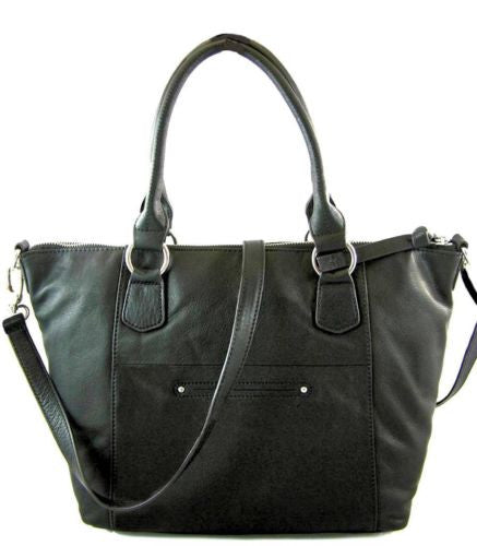 B. Makowsky Leather Pacy Shopper Tote Satchel Black-Silver Convertible Top Zip