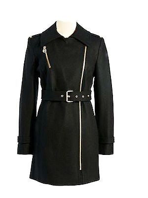 MICHAEL KORS Cassandra Trench Womens Asymmetrical Wool Blend Coat Black 12R NEW