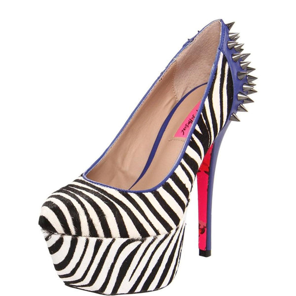 Betsey Johnson Women's Grrace Pump ZEBRA Haircalf Stud Platform Heel SAMEDAYSHIP